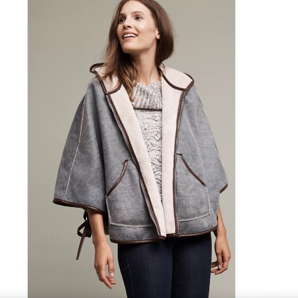 Anthropologie Reversible Hooded Sherpa Cape Zip Up Poncho
